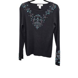 Kikit Maurice Sasson Black Sweater Blue & Silver Bead Embellishments Size L